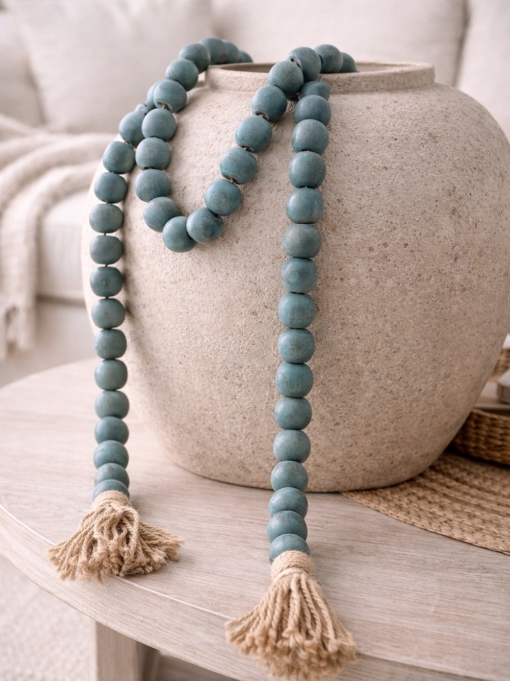 Decorative Wooden Bead Garland in Blue with Natural Tassels